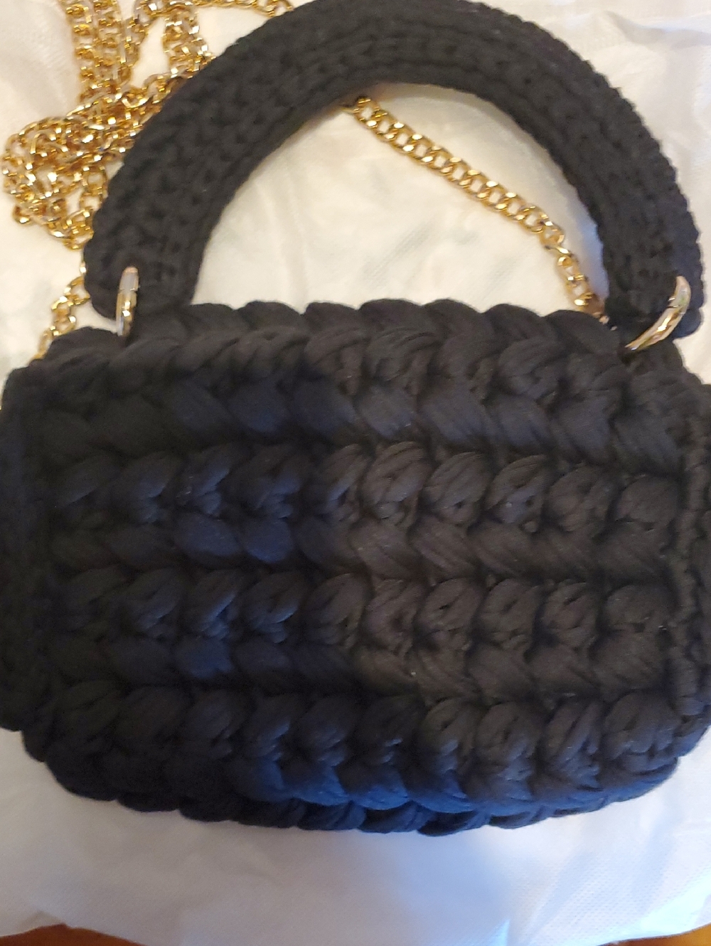 Black Crochet Knit Handbag with Gold Chain Accent - Picture 2 of 2